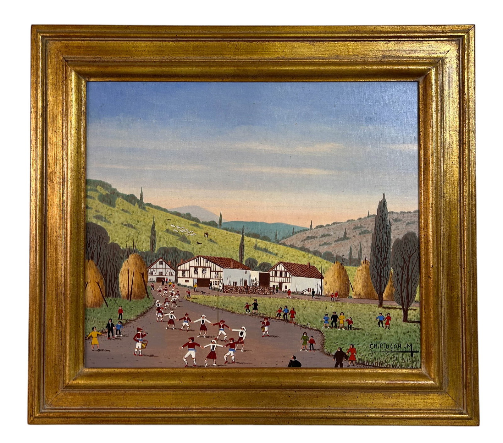 Charles Pincon 1913-1985 Rural Scene Oil Painting: Charles Pinçon (French, 1913-1985) rural festival scene, oil on canvas. The work illustrates a joyous countryside festival, with figures engaging in traditional games and social activities. Rolling g
