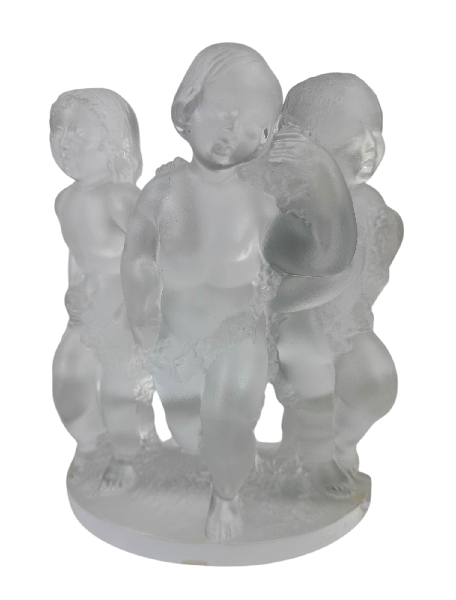 Lalique Crystal Luxembourg Nude Cherub Sculpture: 20th century Lalique Crystal "Luxembourg" Nude Angel Cherub Frosted Art Glass Sculpture. Depicts a relief of three (3) mythological heavenly nude putti angels in standing pose, joined together by hold