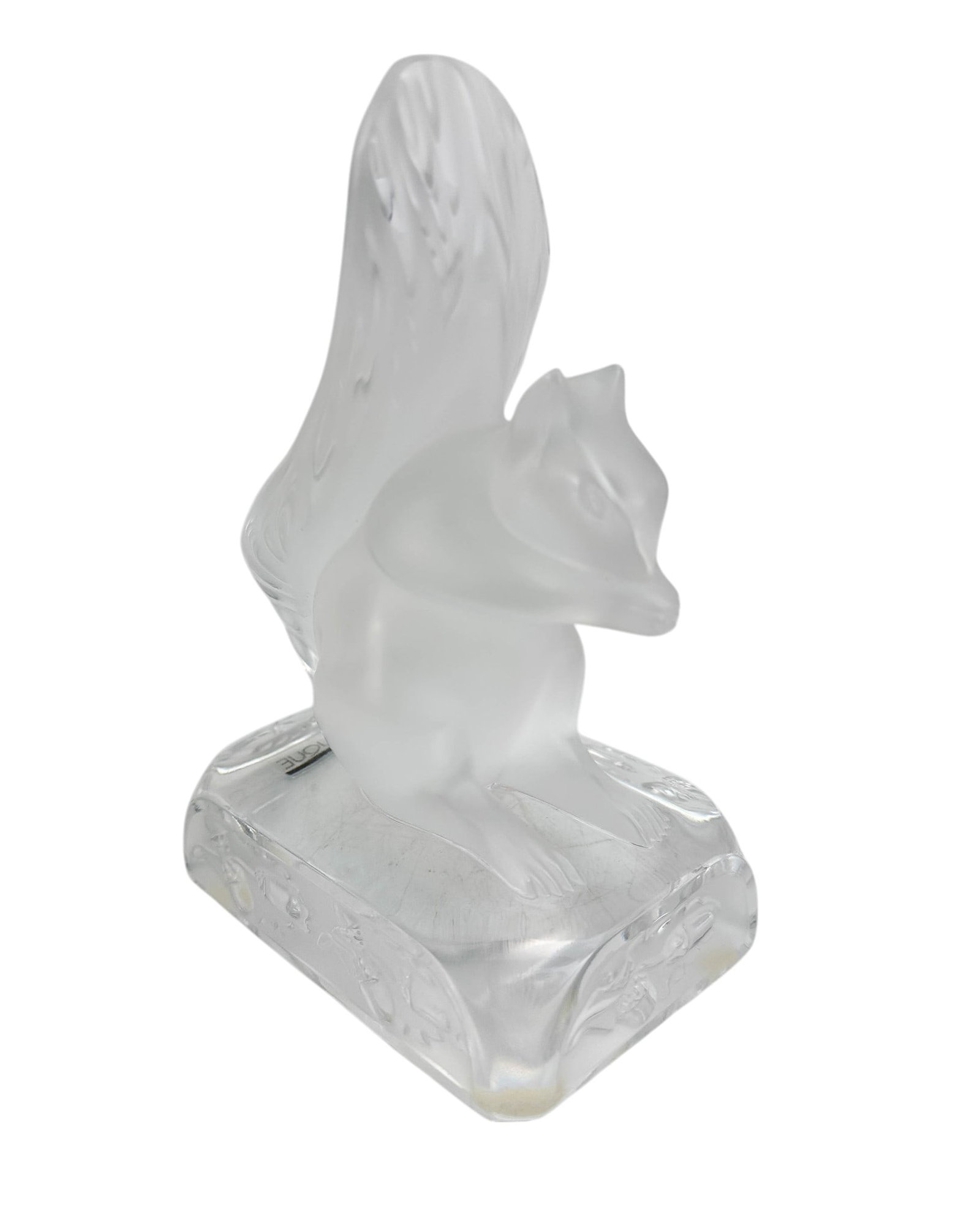 Lalique Squirrel Frosted Crystal Glass Sculpture: 20th century Lalique France frosted crystal art glass curio cabinet display. Titled : Grisolin. Depicted in a poised stance, with its beautifully detailed tail raised high and set upon a clear glass b