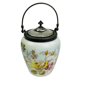 Antique Victorian Satin Glass Floral Biscuit Jar