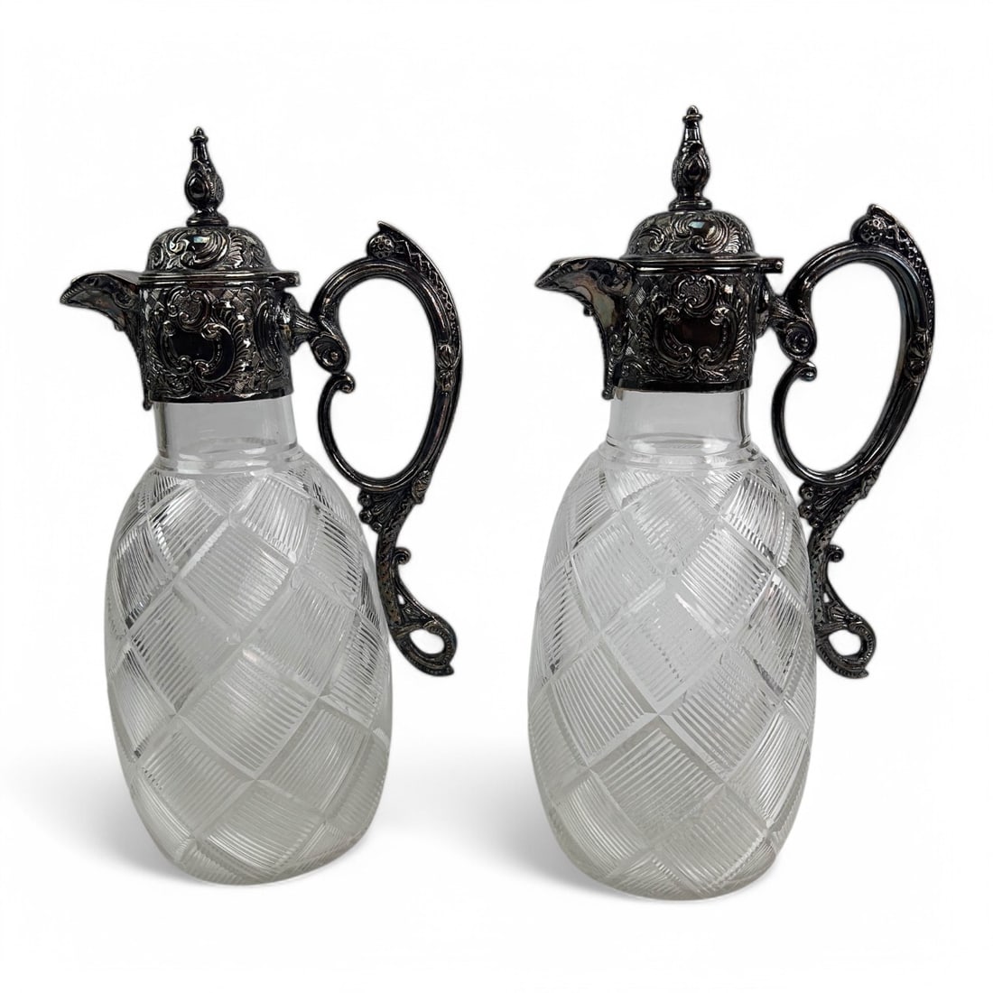 Antique Pair Cut Glass & Silver Plate Claret Jugs (1 of 5)