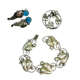 Sterling Silver Bracelet Brooch Pin Earrings 3pc