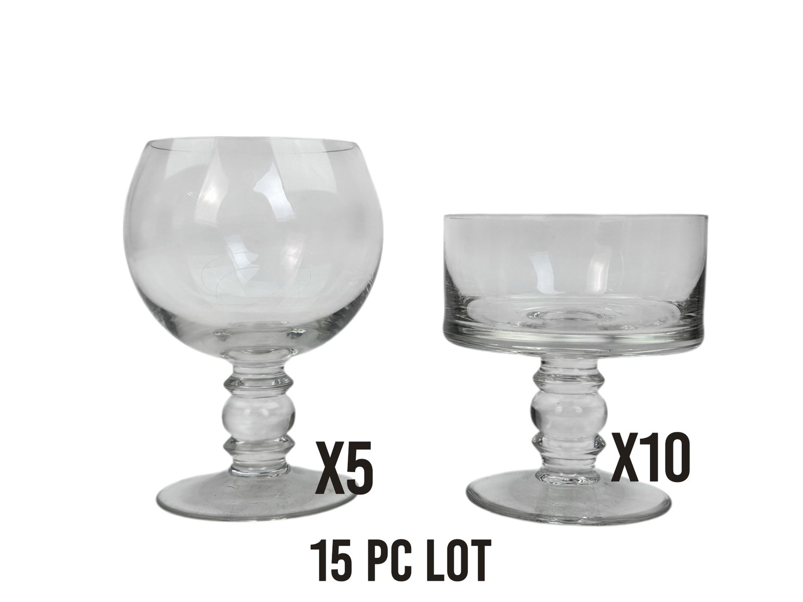 Clear Crystal Champagne Sherbet Wine Goblets 15pc: Estate collection lot of a total of fifteen clear crystal art glass stemware. Includes ~ ten (10) champagne sherbets and five (5) wine glasses. Each showcases a ball style stem with an upper and lower