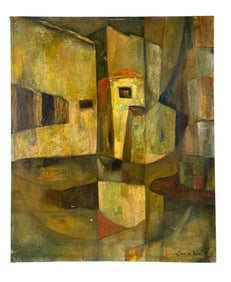 Cubist Architectural Scene Oil Painting SIGNED