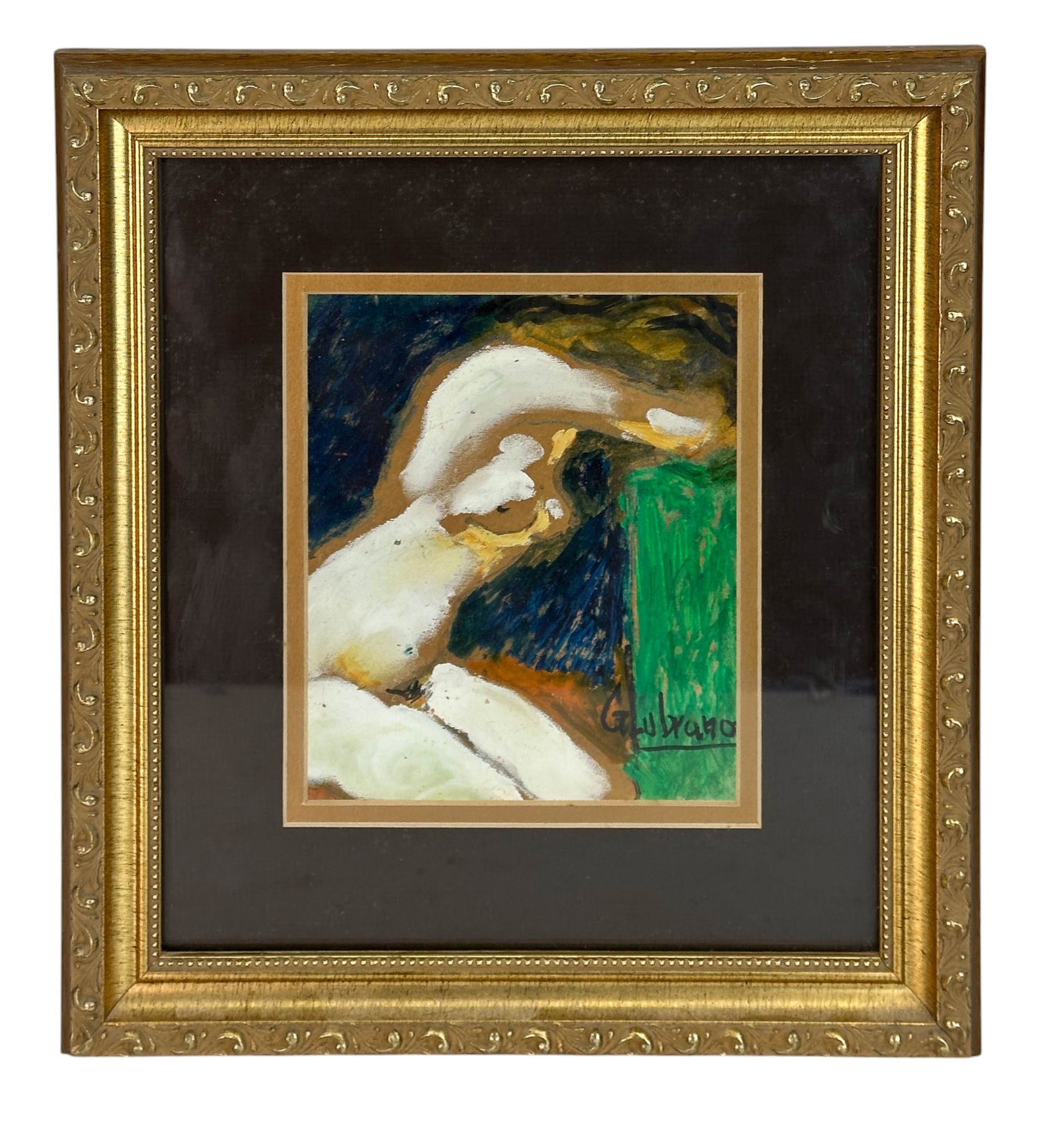 Germinal Lubrano b1918 Nude Figural Oil Painting: Germinal Lubrano (Argentinian, born 1918) original oil painting. Known for his expressive and surrealist works. This piece features a focus on the human form with strong color contrasts and bold gestu