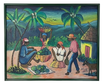 Haitian Villiage Market Scene Oil Painting SIGNED