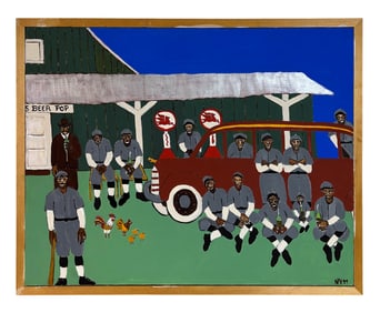 Sports Baseball Team Folk Art Oil Painting SIGNED