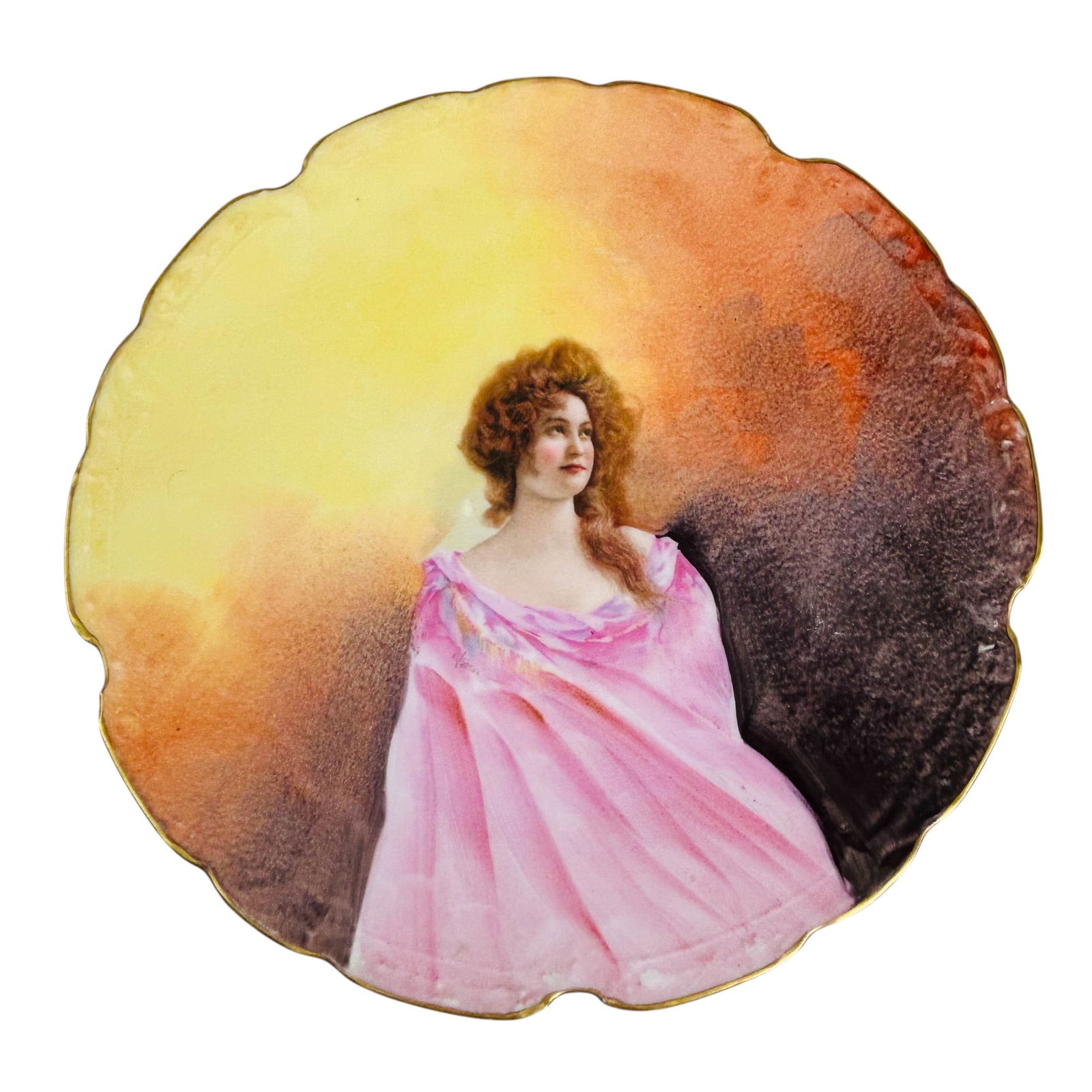 Antique Limoges France 10" Painted Porcelain Plate: Early 20th century hand painted porcelain curio cabinet display plate by L.R.L. (Lazeyras Rosenfeld & Lehman) Limoges, France. Features a detailed portrait of a young woman with auburn curls, elegantl