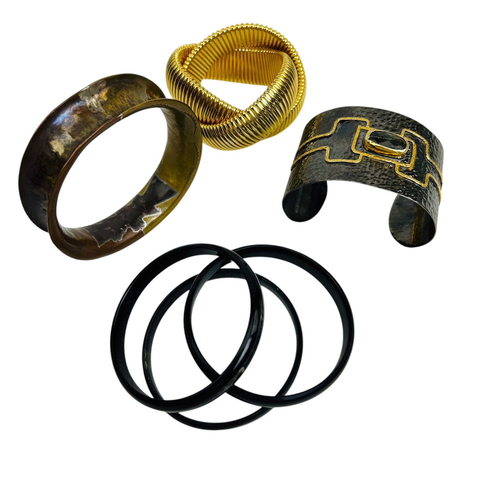 Gold Tone Coil Hammered Brass Bracelet Bangle Lot (1 of 9)