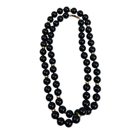 Black Onyx Beaded Necklace 14K Yellow Gold Clasp