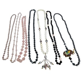 Rose Quartz Hematite Cloisonne Beaded Necklace 7pc