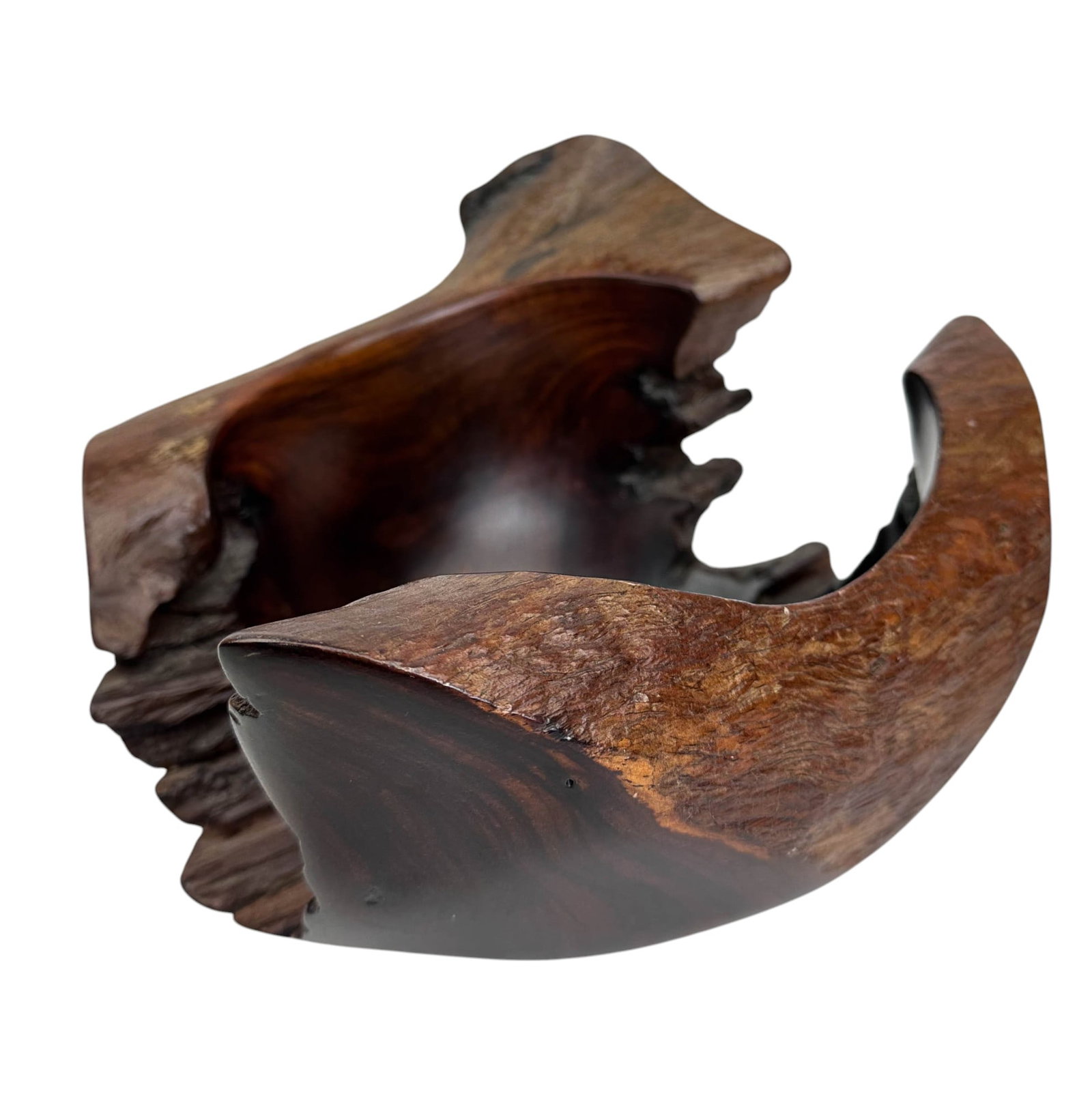 Arturo Solano Wood Turn Sculptural Bowl SIGNED: An organic form turned wood bowl by Puerto Rican artist Arturo Solano. This sculptural vessel showcases the natural beauty of the wood, with a highly polished interior that contrasts with the raw, tex
