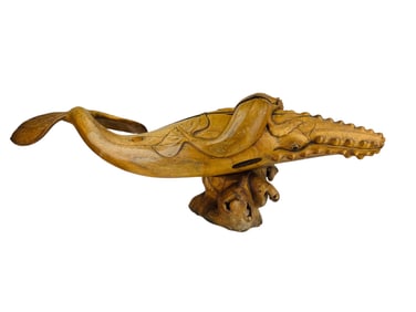 Sperm Whale w/ Calf Carved Burl Wooden Sculpture