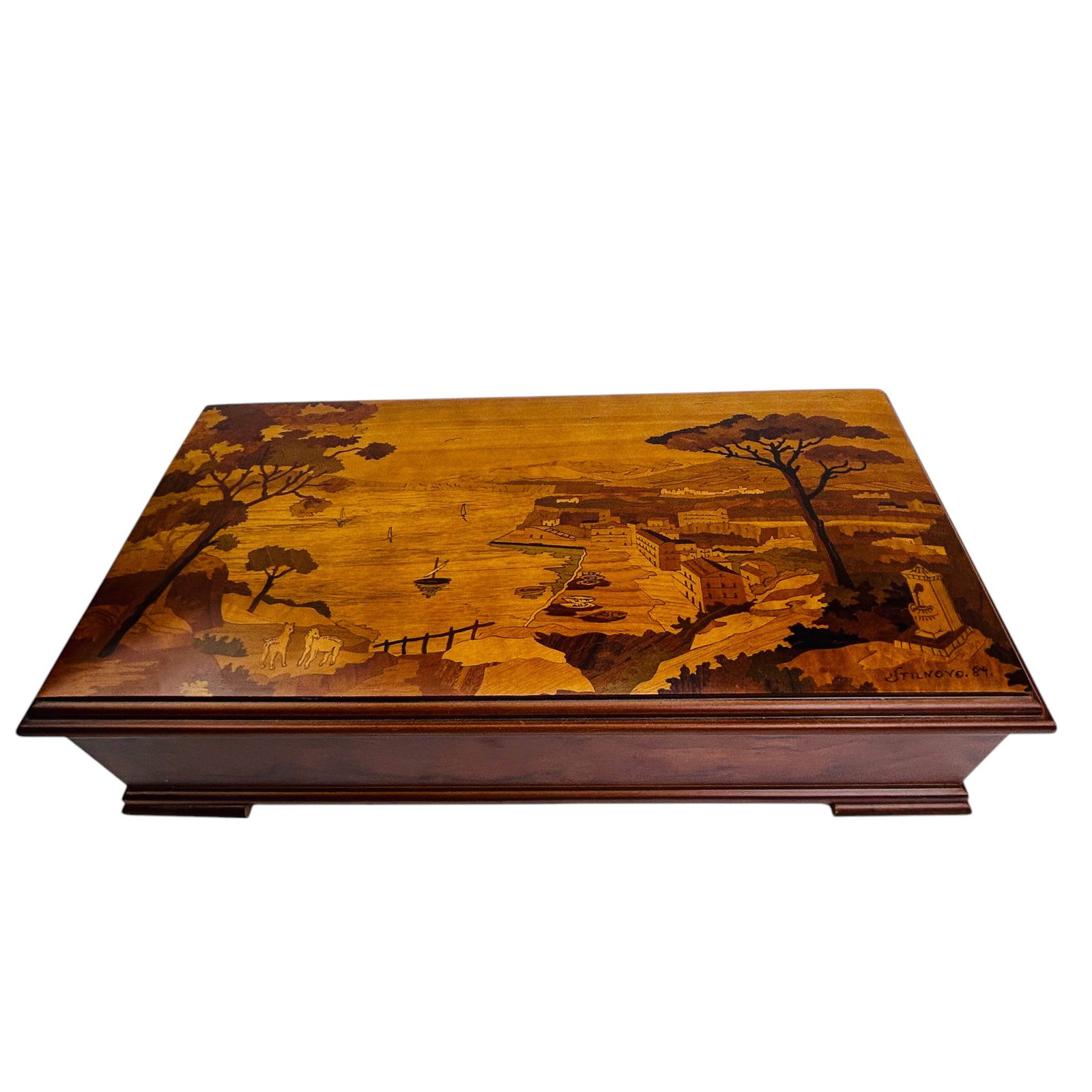 Italian Marquetry Inlay Coastal Landscape Wood Box: Late 20th century Italy Mariorita Isola Di Capri marquetry inlay wooden chest jewelry trinket coin ring box. Lid depicting a coastal landscape with a village, sheep / lamb, trees, boats and houses and