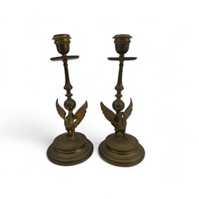 French Empire Style Pair Brass Swan Candle Holders