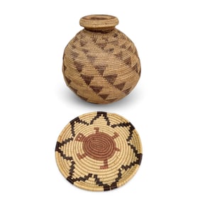 American Indian Coiled Woven Lidded Basket & Tray