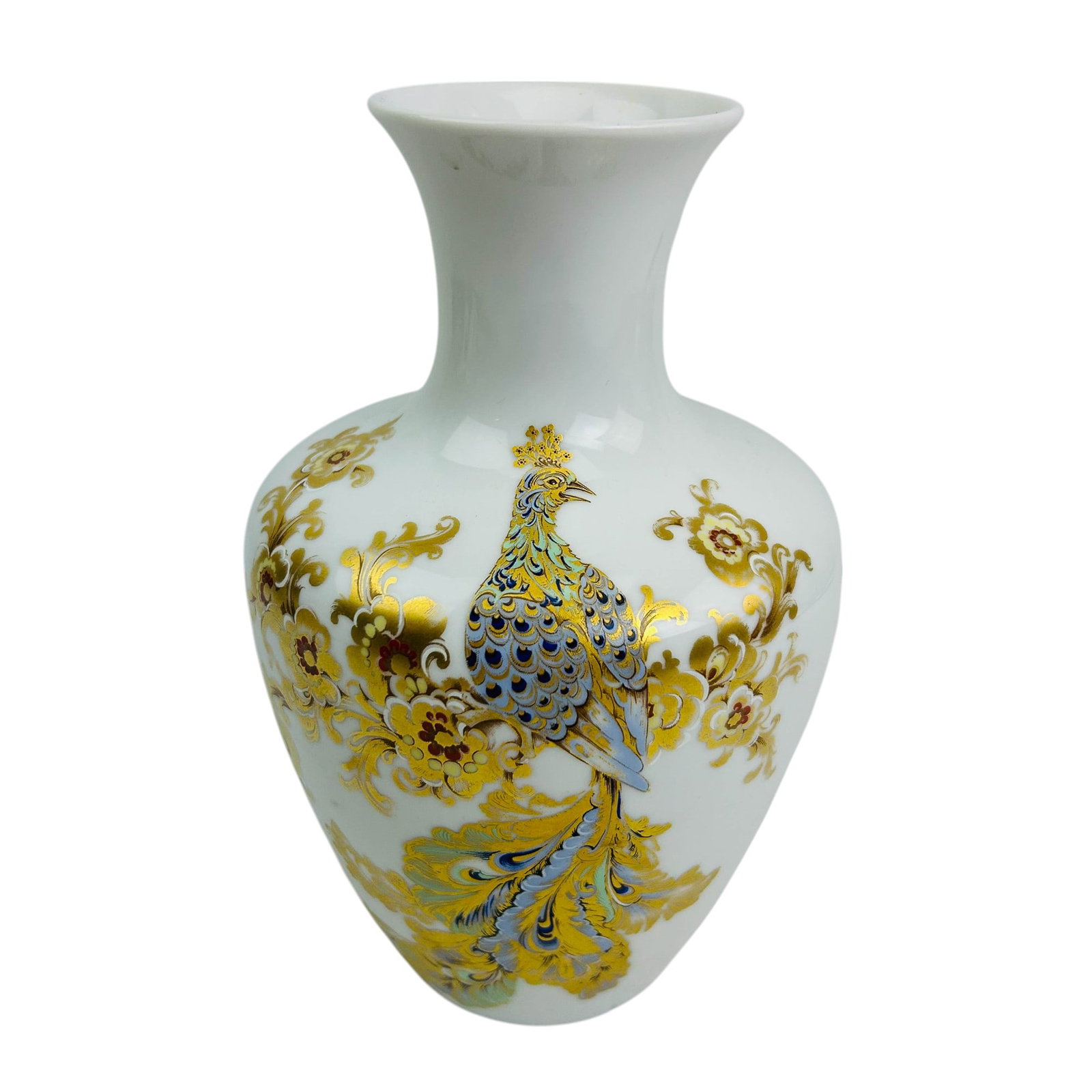 Kaiser Porcelain Rhapsodie Peacock Gold Gilt Vase: Kaiser West Germany 20th century porcelain vase from the Rhapsodie collection, designed by Füttmann. Design features a gracefully hand painted peacock with intricate gold gilt detailing set against a