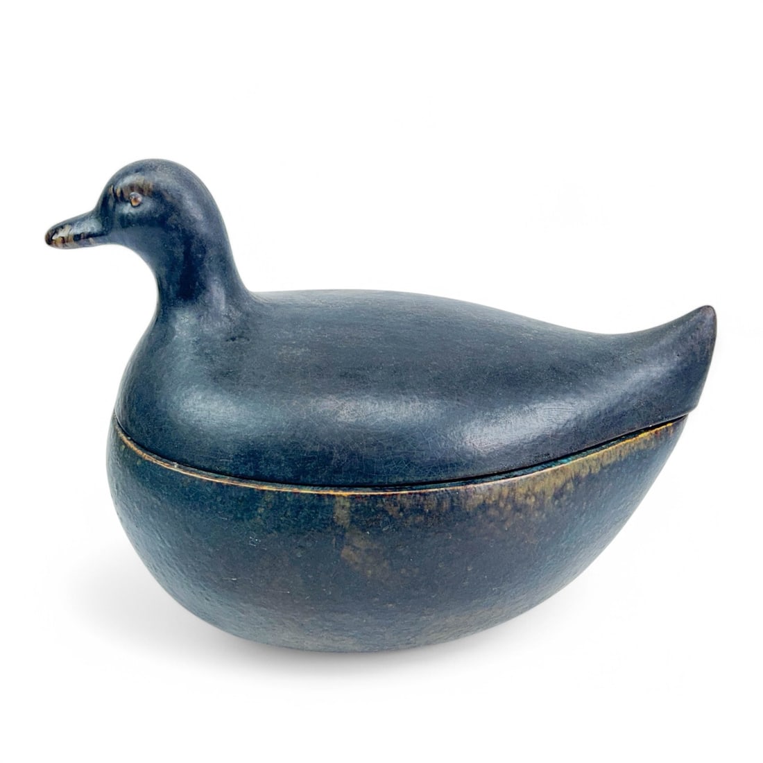 Guido Gambone Style Italian Ceramic Duck Tureen: A Handcrafted Italian ceramic pottery lidded tureen in the form of a duck, attributed to Guido Gambone (Italian, 1909-1969). This two-piece vessel features a beautifully mottled dark glaze with subtle