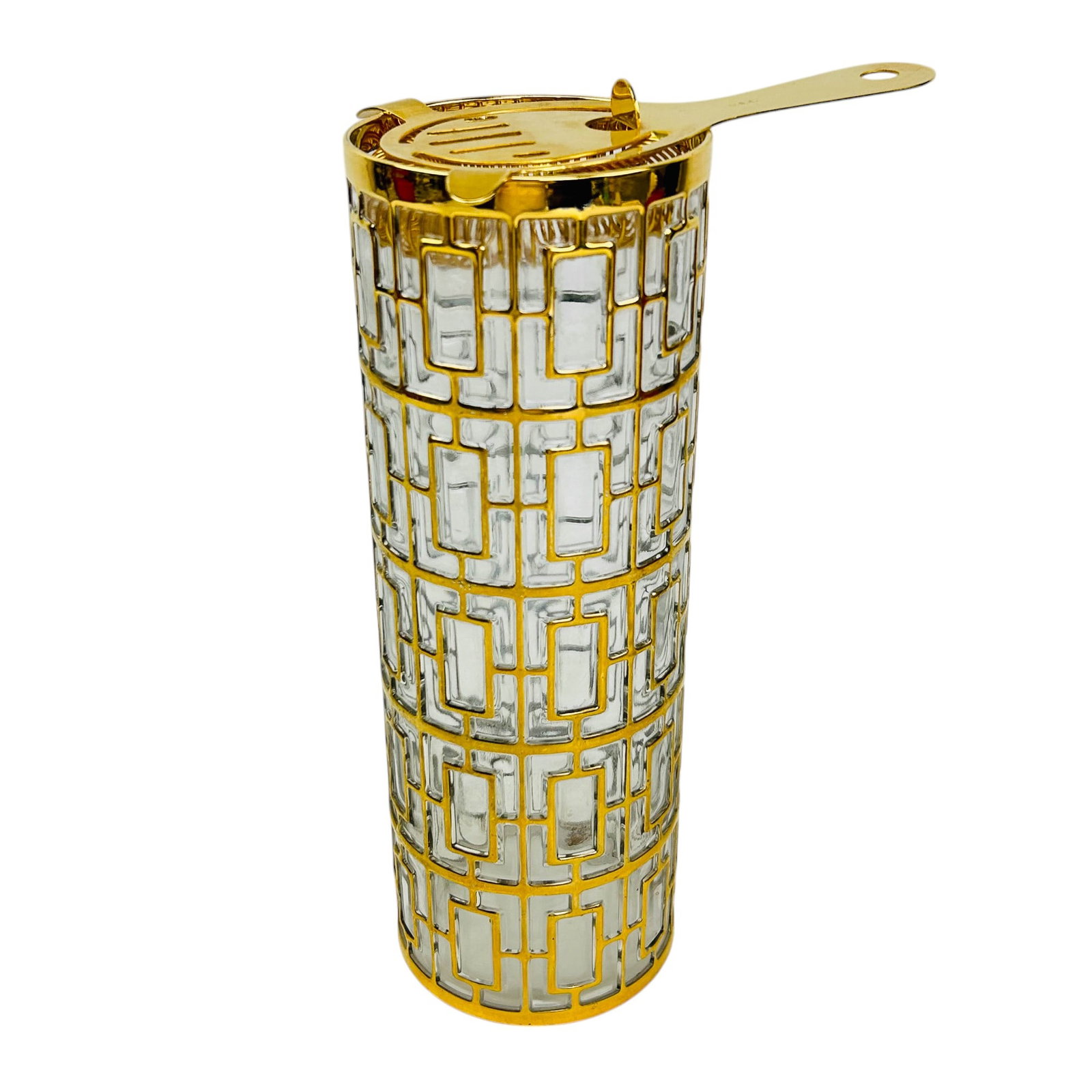 Imperial Glass Co Shoji Cocktail Mixer w Strainer: Imperial Glass Company cocktail liqueur mixer and a gold plated hawthorne cocktail strainer. Pattern Shoji Gold. Production years 1965 - 1979. Features a geometric inspired raised gold lined pattern t