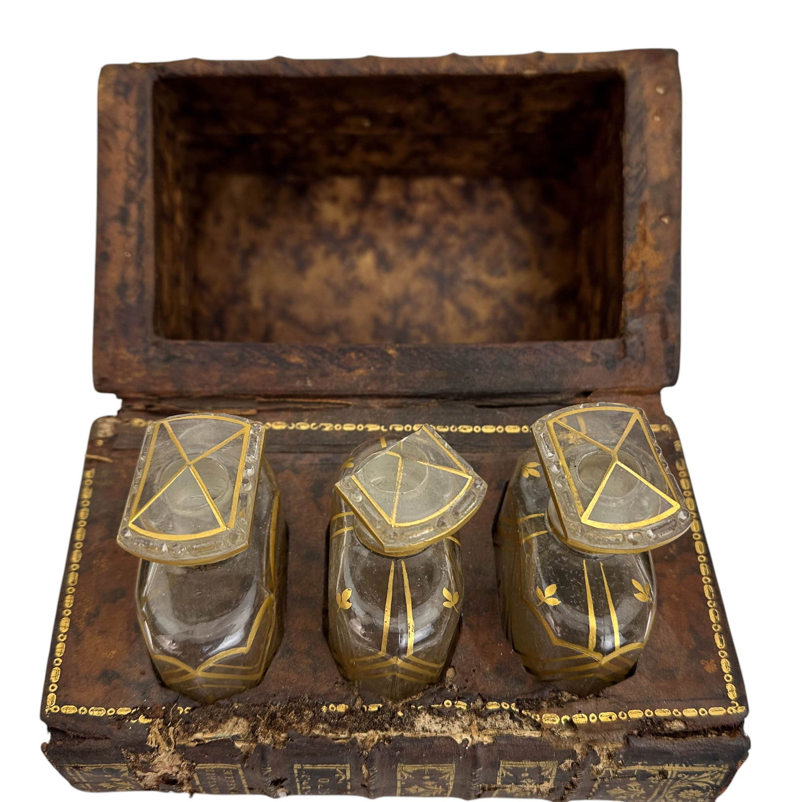 Antique Faux Book Box w/ 3 Glass Perfume Bottles (1 of 6)