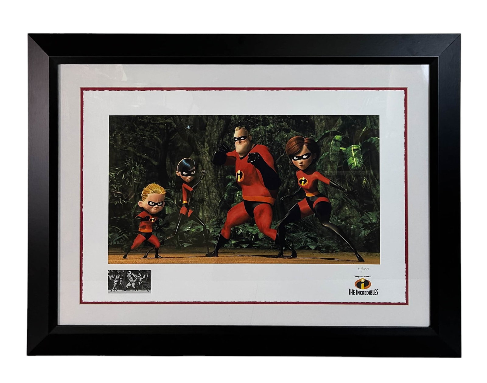 Disney The Incredibles Colored Giclee Print w/ COA: A limited edition giclée print from Disney Pixar's The Incredibles, numbered 101/350. The artwork features the iconic superhero family ~ Mr. Incredible, Elastigirl, Dash, Violet and Jack Jack posed i