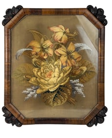 Antique Embroidered Framed Floral Needlepoint Art
