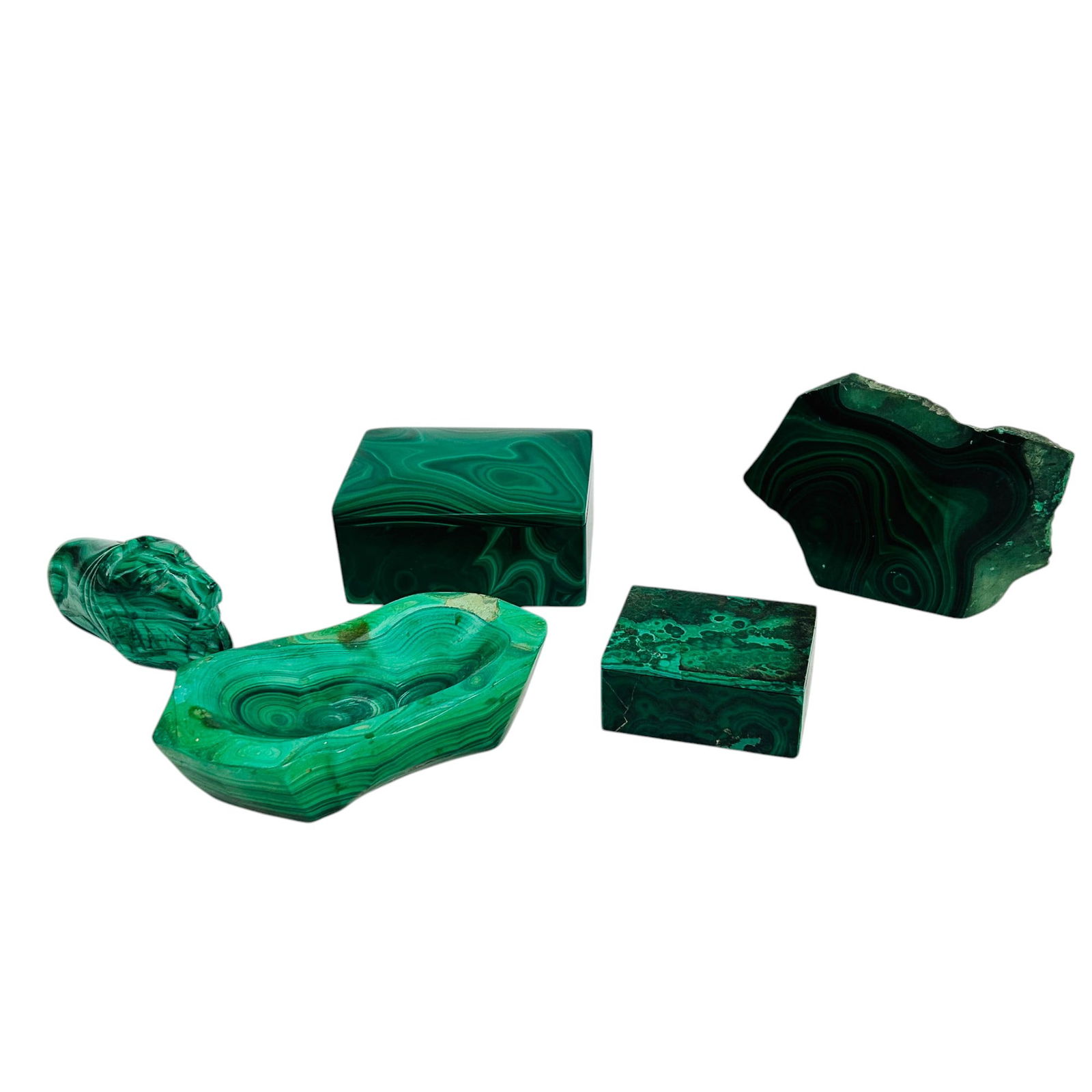 Malachite Stone Trinket Box Animal Sculpture LOT: A collection green malachite semi precious hardstone stone decorative objects, including two polished trinket boxes with a smooth, high gloss finish showcasing the stone’s natural banding patterns.