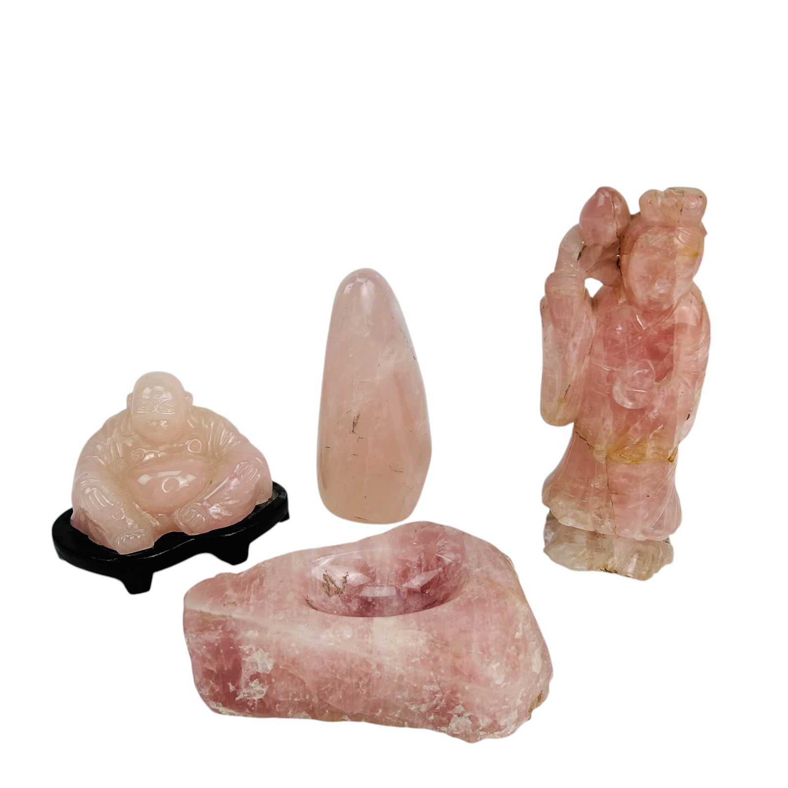 Pink Rose Quartz Buddha Kwan Yin Figures & Dish 4p (1 of 9)