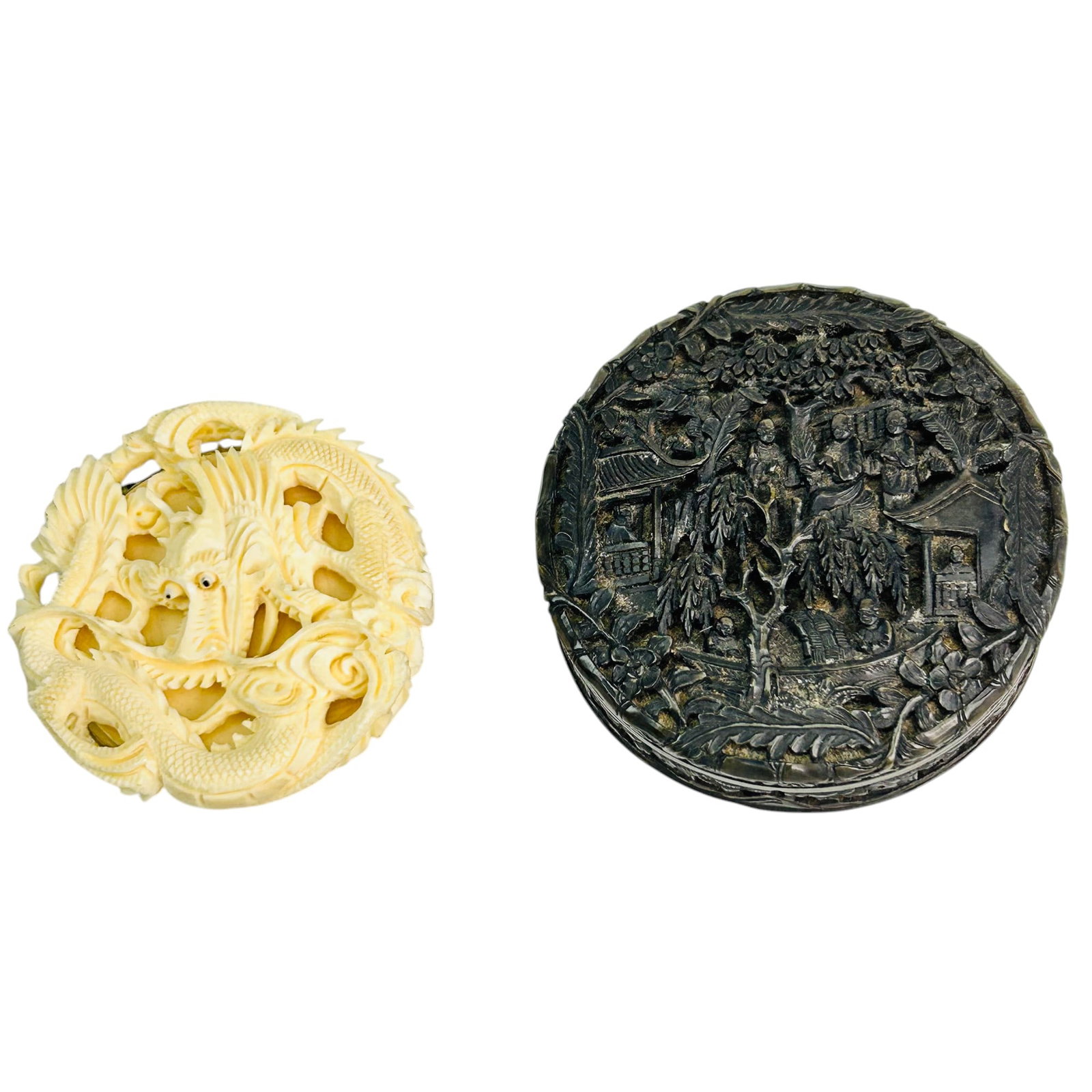 Chinese Carved Dragon Pin & Scenic Landscape Box: Includes ~ A hand carved Chinese dragon brooch featuring an intricately detailed coiled dragon with expressive facial features and a dynamic, pierced relief design with finely incised scales and a lif