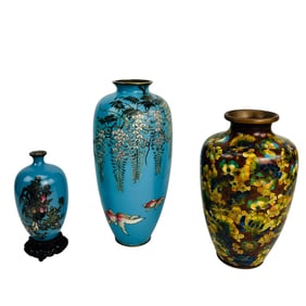 Chinese Cloisonne Enamel Floral Bird Vases 3pc LOT