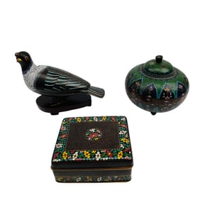 Chinese Cloisonne Covered Jar Box & Bird Figurine