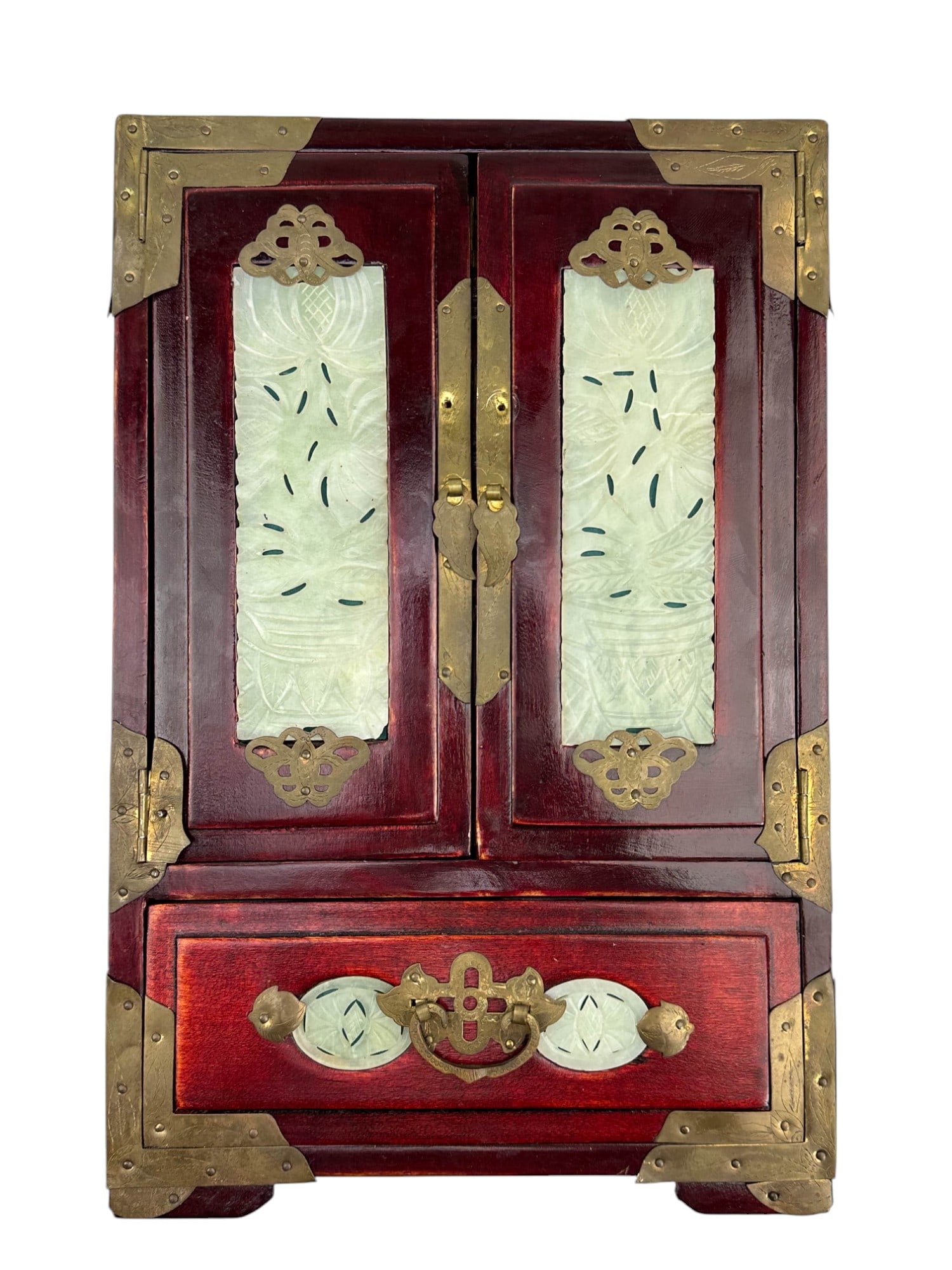 Chinese Green Jade Wood Brass Mount Jewelry Chest (1 of 6)