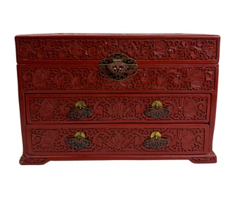 Chinese Carved Cinnabar Jewelry Trinket Coin Chest