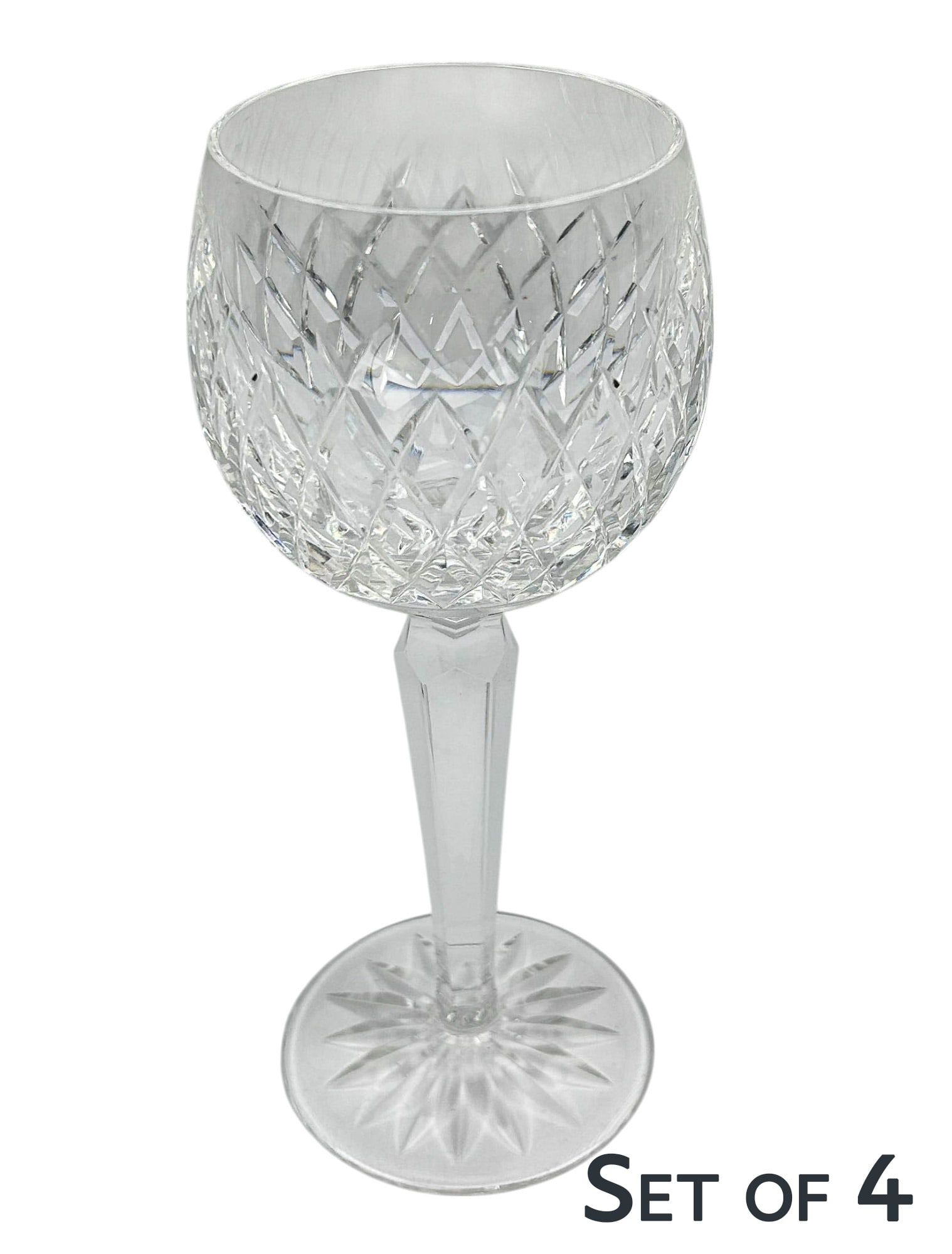 Waterford Irish Crystal Alana Hock Wine Goblet 4pc: Set of four Waterford Ireland cut crystal bar barware art glass wine drinking glasses. Pattern : Alana. Production years : 1952-2022. Showcases a diamond quilted pattern around the round shaped bowl. 