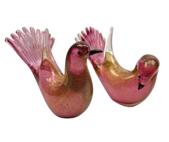 Murano Cased Gold Dust Art Glass Bird Sculptures