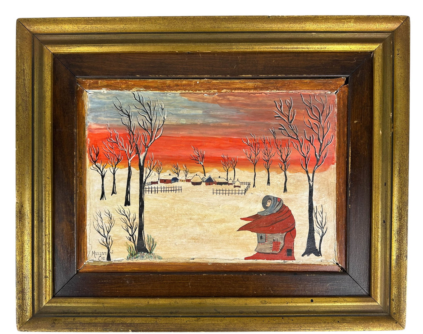 Mazzarini Figural Winter Landscape Oil Painting: Mazzarini 20th century original oil painting on board. Scene depicts a lone figure wrapped in a cloak in a snowy landscape with barren trees and distant houses under a red sky. Signed lower left and d