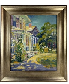 Cottage Garden Landscape 20C Oil Painting SIGNED