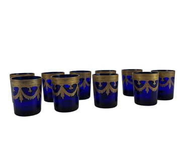 Reims France Cobalt Blue Gold Gilt Glasses Set 10