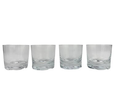 Daum Blanzey Double Old Fashioned Tumblers Set 4: Set of four Daum France bar barware clear crystal art glass Double old fashioned whiskey glasses. Simplistic cylinder shaped body with a swirl cut base. Signed with engraved Daum France script signatu