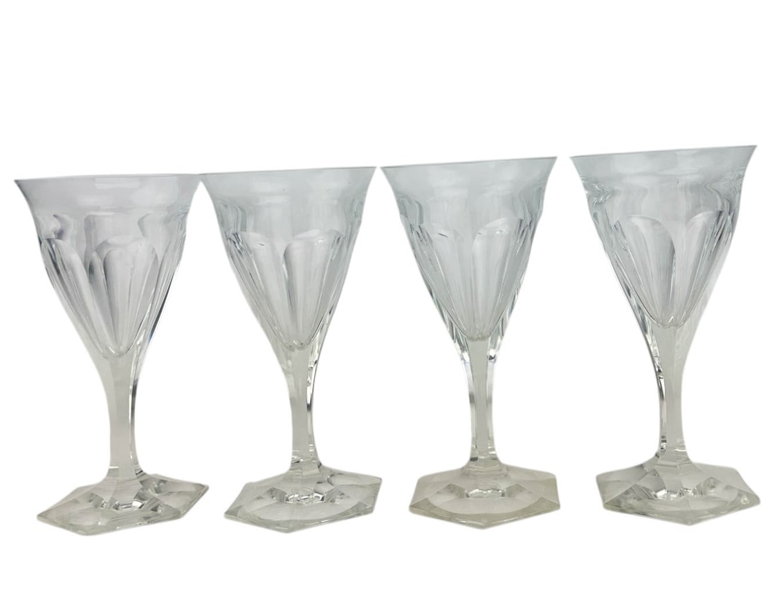 Moser Crystal Adela Melikoff Water Glass Goblet 4p: Mid century modern set of 4 hand cut in Czechoslovakia crystal water / wine drinking goblets. Modeled by Moser in Adela Melikoff pattern. Circa 1960's. Each stemmed glassware features a flared bowl, f