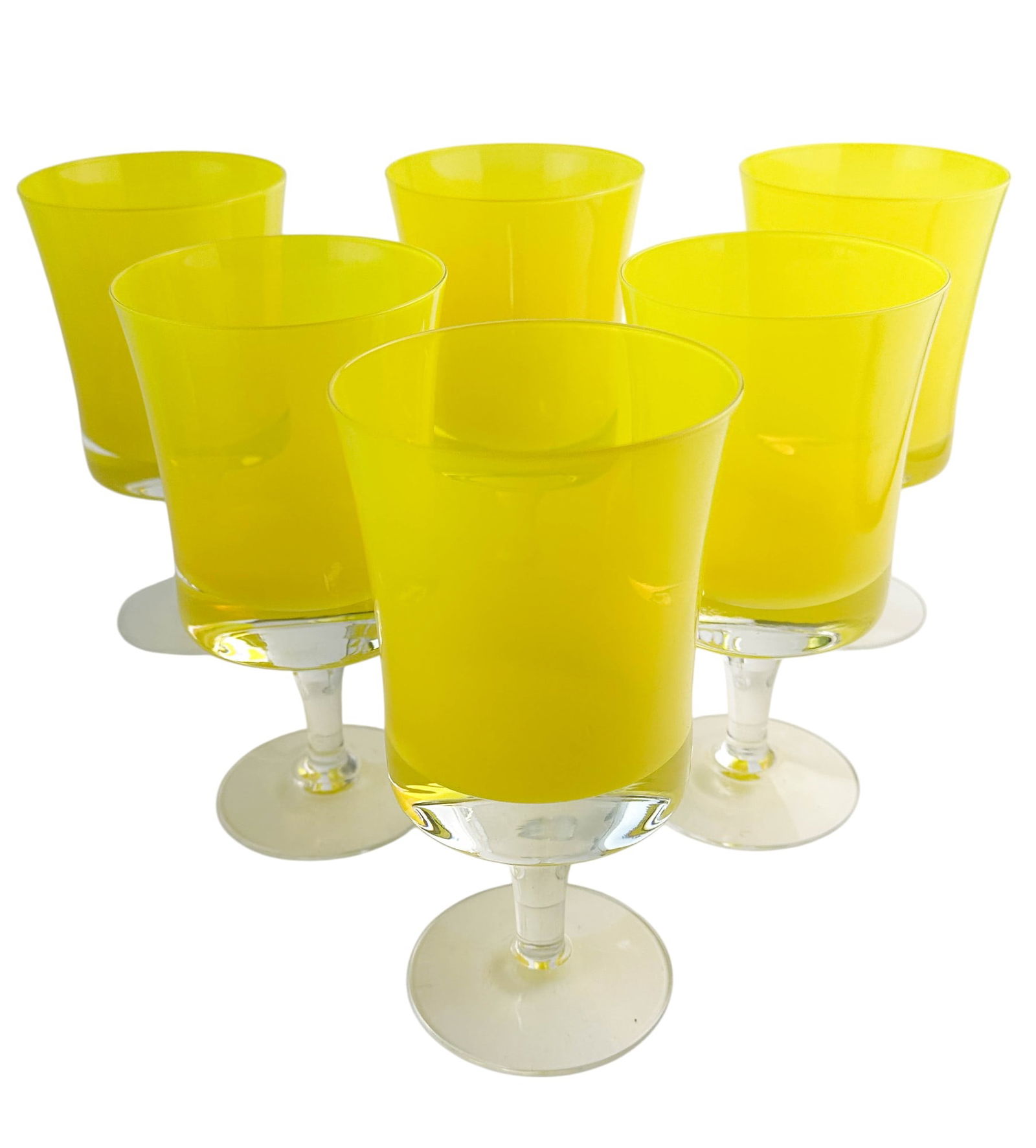 Denby Mirage Yellow Art Glass Water Goblet Set 6: Denby Sweden mid century modern studio hand blown bar barware wine glass goblets, set of six. Pattern : Mirage Yellow. Production years : 1973-1977. Designer :Bo Borgstrom (Swedish, born 1929). Each s
