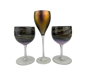 Steven Meslach Studio Blown Art Glass Goblets 3pc