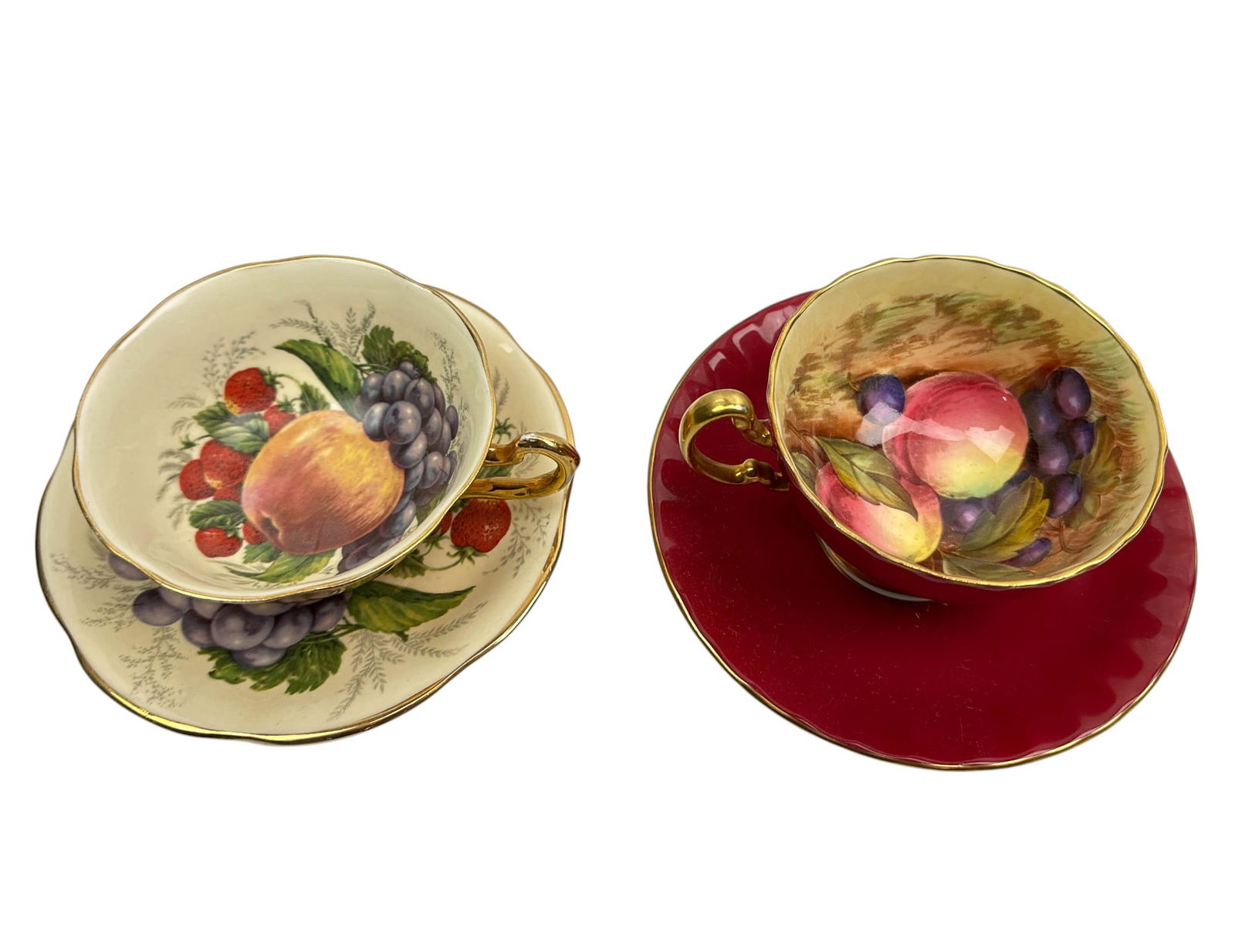 Aynsley & Rosina Floral Fruit Teacup Saucer Set 2: Aynsley & Rosina English bone china curio cabinet display tea cups and saucers. Interior of the Aynsley showcases a harvest scene of luscious and ripened fruits against a yellow ground. The exterior a