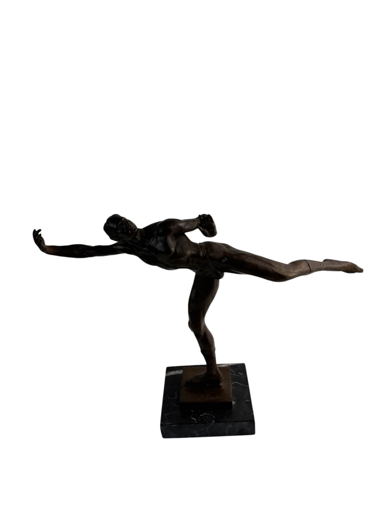 Bronze Ice Skater Sculpture after Robert McKenzie: Athletic semi nude male bronze figural sculpture titled "Icebird" after Robert Tait McKenzie (American, Canadian, 1867-1938). Depicts an ice skater in dynamic pose, balancing on one foot with arms ext