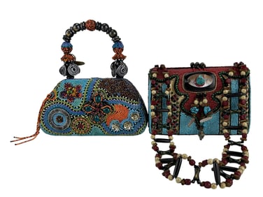 Mary Frances Blue Red Beaded Floral Handbag Purses