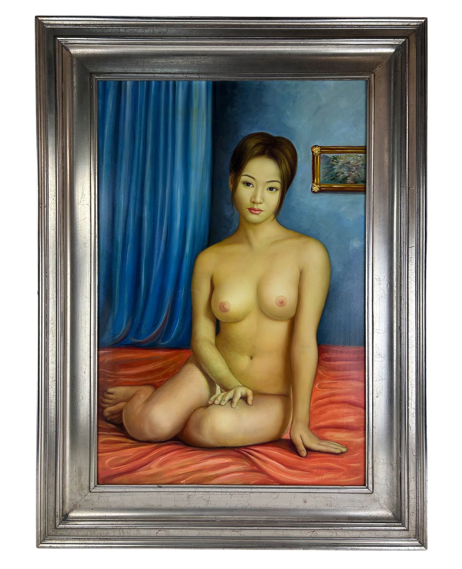 Study of a Seated Nude Woman Oil Painting SIGNED: 20th century oil painting on canvas depicting a nude female figure seated on a red draped cloth with a blue curtain and framed artwork in the background. Signed lower right. Presented in a stepped sil