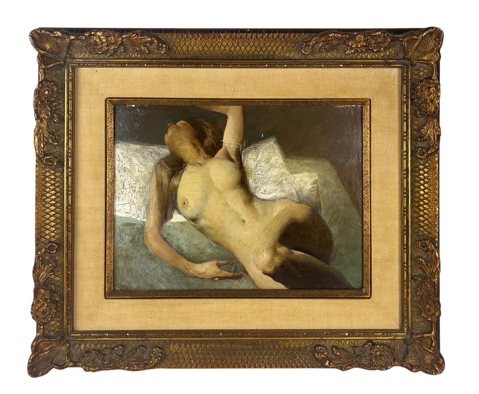 Sher 20C Reclining Nude Woman Oil Painting SIGNED: 20th century oil painting on board depicting a reclining nude female figure on a bed with white pillows and a green sheet. Signed at lower right. Presented in a decorative gilt wood frame with a matte