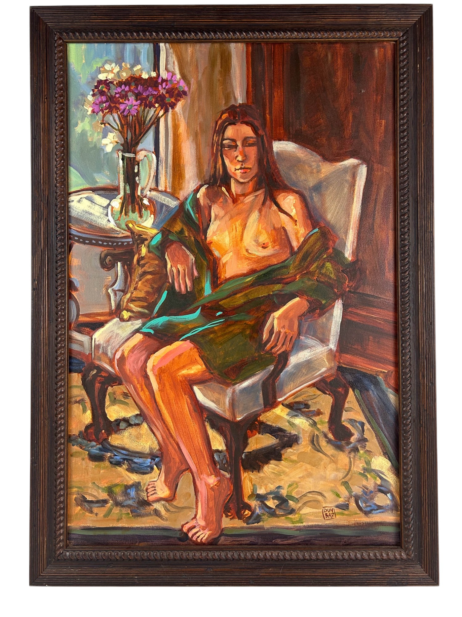 Lynn Dunbar Green Robe Seated Nude Oil Painting: Lynn Dunbar (American, 20th Century) original oil painting on canvas titled Green Robe. The composition depicts a seated nude woman draped in a green robe, posed in a chair with one arm resting on the