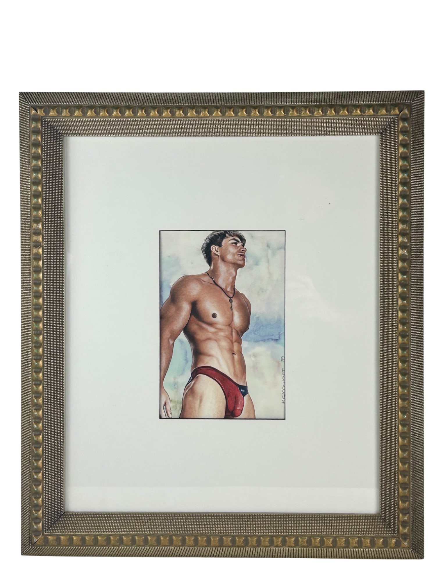 Mcicconnet b1969 Male Nude Watercolor Painting: Mcicconnet (American, born 1969) original mixed media on paper painting. MCicconneT is the professional name of the artist Mickey C Tan. Titled Don't Look Away. This gay interest work of art depicts a
