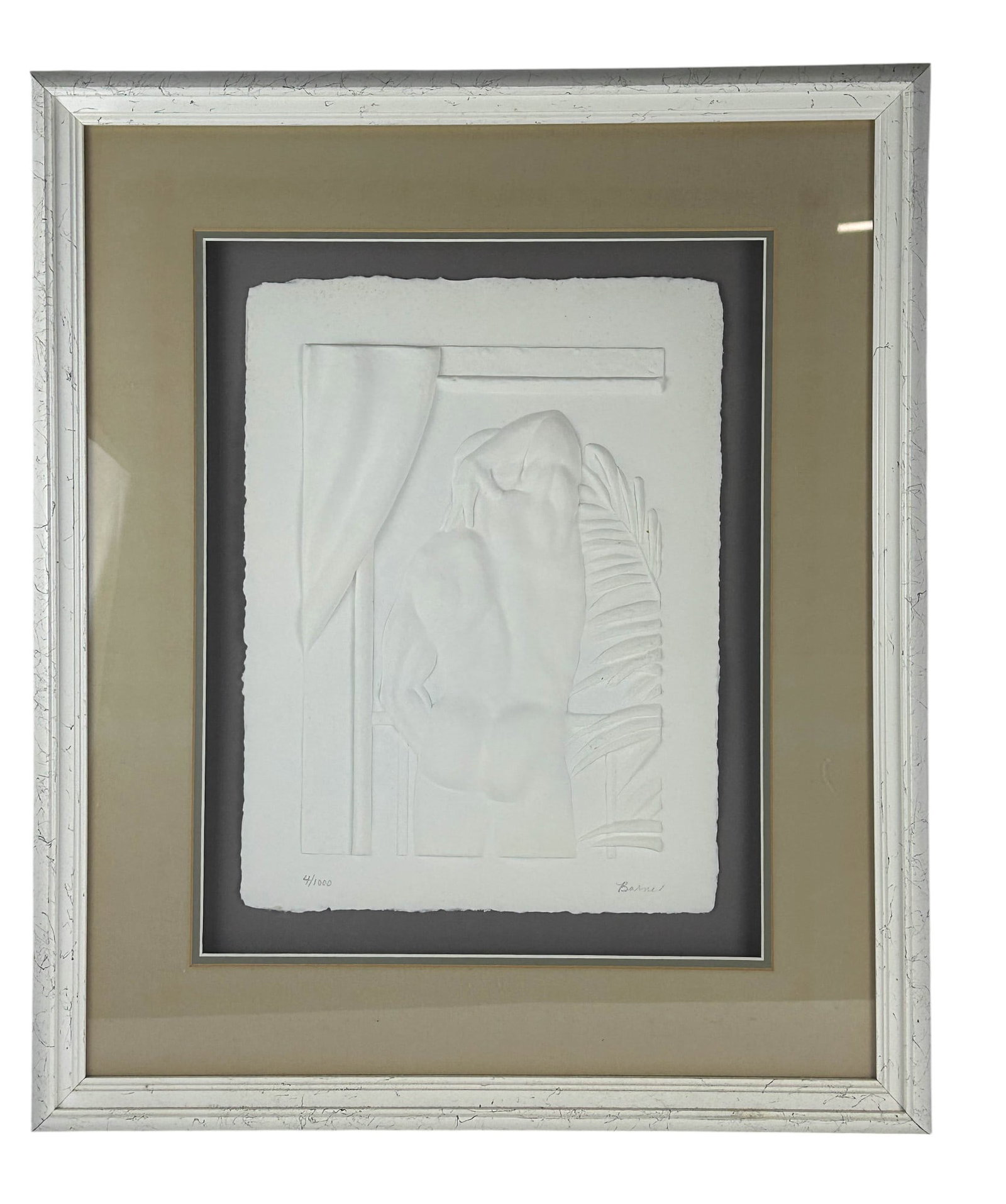 Barnes 20thC Embossed Relief Male Nude Framed Art: Barnes (20th century, American) original embossed relief work on paper. Depicting a male nude figure viewed from the back, with one arm raised behind the head, positioned beside a curtain and stylized